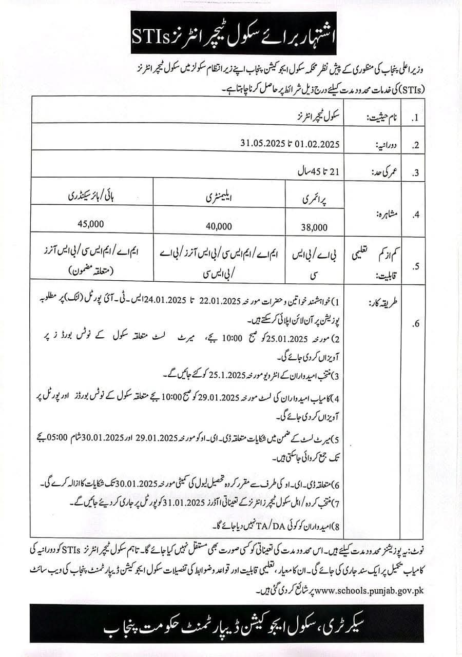 STIs Portal Punjab School Interns 2025 schools.punjab.gov.pk